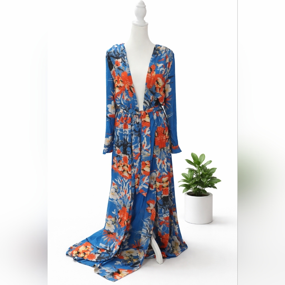 Deep Blue Floral V-Neck Maxi Dress with Side Slit - Picture 2 of 6